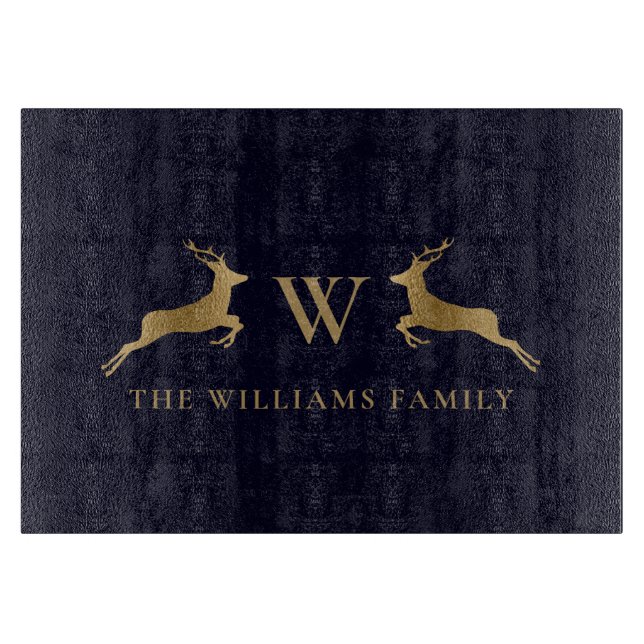 Planche À Découper Nom de famille Monogram Gold Deer Kitchen Navy (Devant)