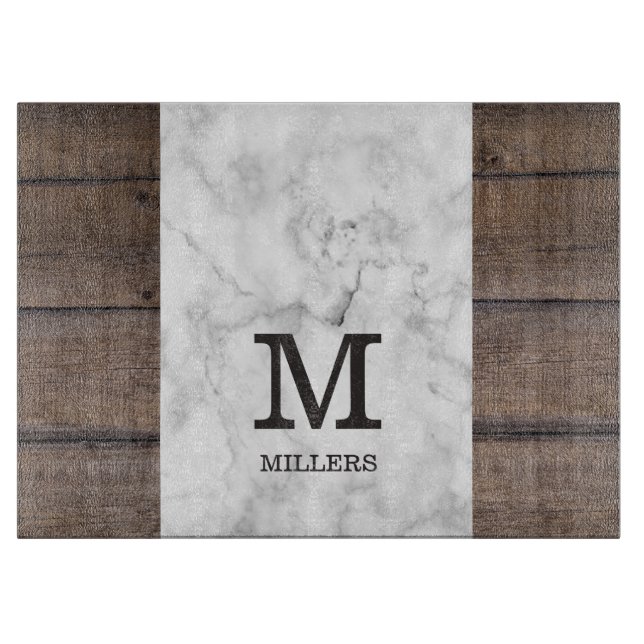 Planche À Découper Nom De Famille Personnalisé Monogramme Bois Et Mar (Devant)