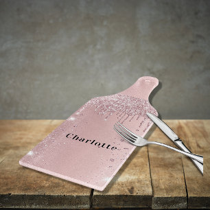 Planche À Découper Nom des gouttes de parties scintillant rose pâle