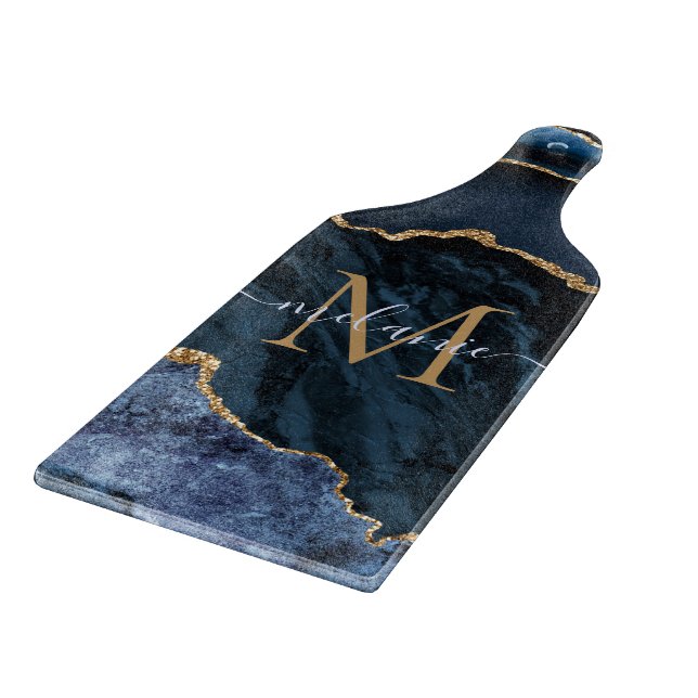 Planche À Découper Nom du monogramme Marine Blue Gold Marble Cutting  (Coin)