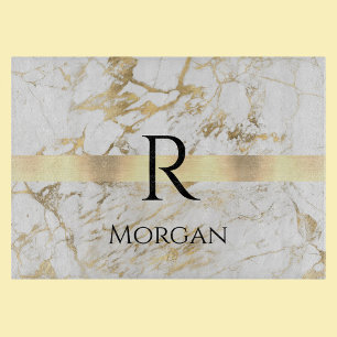 Planche À Découper Nom et monogramme Texte noir, blanc et marbre d'or