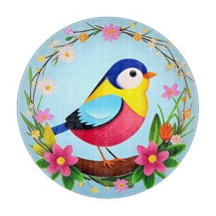 Planche À Découper Oiseau coloré entouré d'une couronne de fleurs