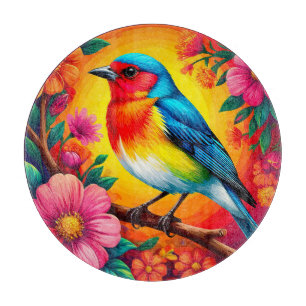 Planche À Découper Oiseau Coloré Perché Parmi des Fleurs Vibrantes