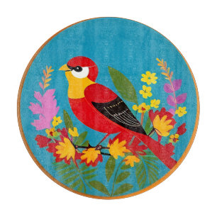Planche À Découper Oiseau Coloré Perché Parmi des Fleurs Vibrantes
