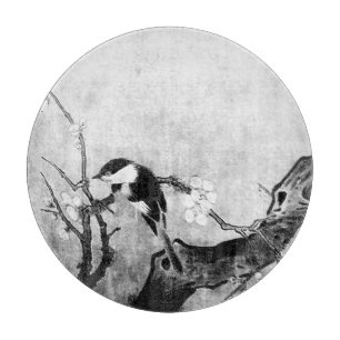 Planche À Découper OISEAU DE PRINTEMPS ET FLEURS ARBRE gris noir blan