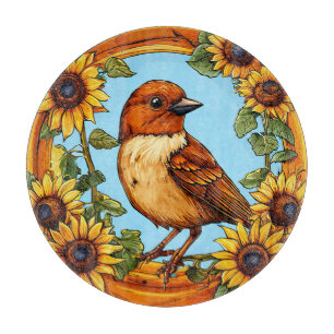 Planche À Découper Oiseau encadré par des fleurs vibrantes