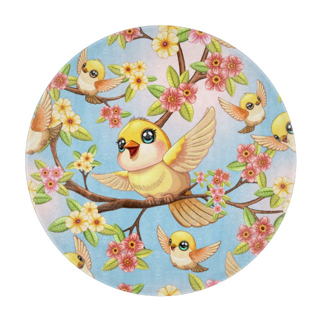 Planche À Découper Oiseaux mignons et heureux parmi les fleurs du pri (Devant)