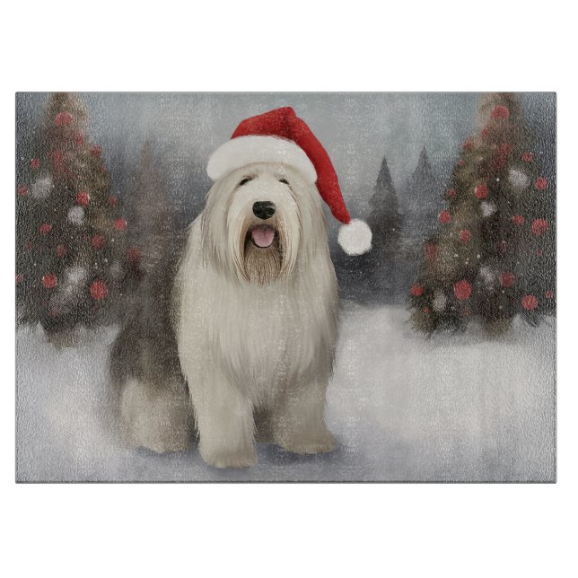 Planche À Découper Old English Sheepdog en Noël de neige (Devant)