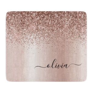 Planche À Découper Or Rose Gold - Monogramme Nom Paillettes Rose Blus