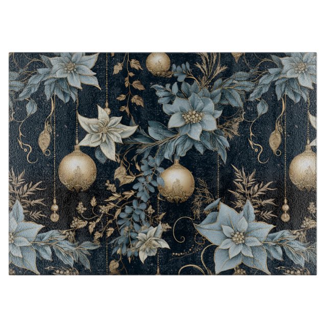 Planche À Découper Ornements de Noël bleu et or Poinsettias (Devant)