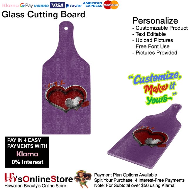 Planche À Découper Pagaie en verre mauve magique coeur (Love Heart Purple Cooking Kitchen Glass Cutting Board.)