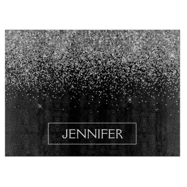 Planche À Découper Pailleté Noir Argent Monogramme Nom Féminin (Devant)