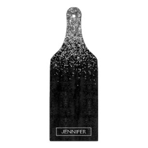 Planche À Découper Pailleté Noir Argenté Monogramme Nom Féminin