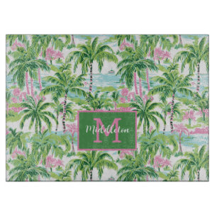 Planche À Découper Palmiers tropicaux rose et vert de Preppy Monogram