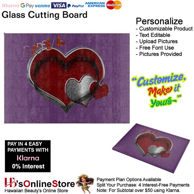Planche À Découper Panneau de découpe en verre mauve magique du coeur (Love Heart Purple Cooking Glass Cutting Board.)