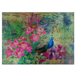 Planche À Découper Paon et fleurs grunge illustrés antiques