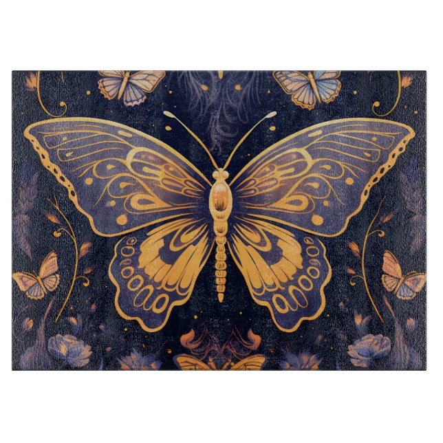 Planche À Découper Papillon d'or bleu violet Art déco moderne (Devant)
