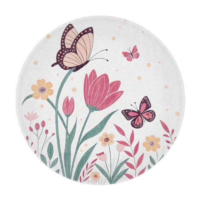 Planche À Découper Papillons aux tulipes roses et marguerites jaunes (Devant)