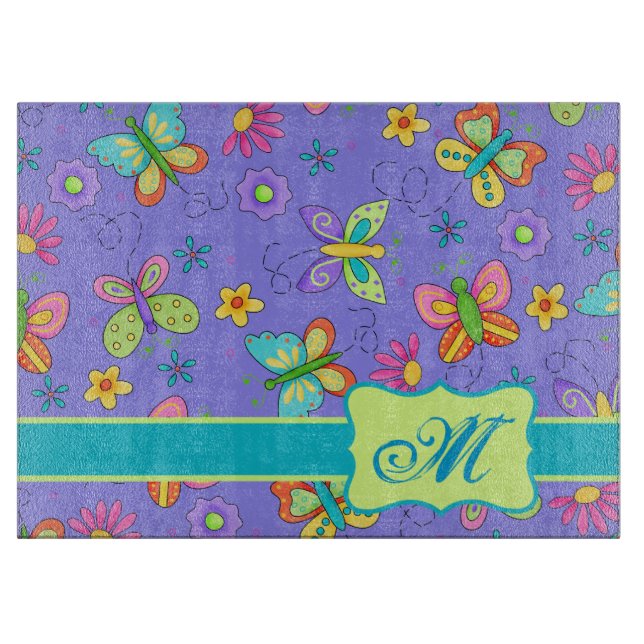 Planche À Découper Papillons Whimsy modernes sur Monogramme violet (Devant)