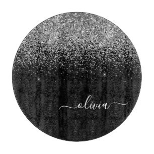 Planche À Découper Parties scintillant noire argent Script Monogramme