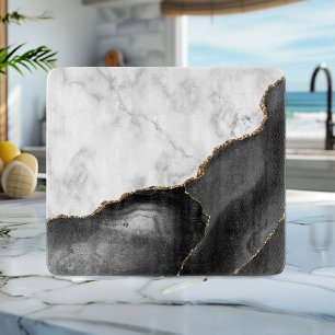 Planche À Découper Parties scintillant or Marbre blanc Black Agate