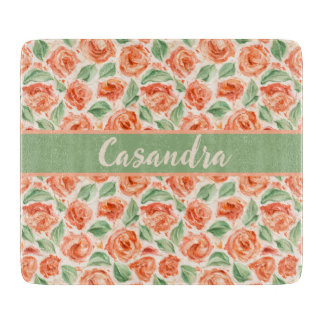 Planche À Découper Peach Coral Rose Floral Monogram Name Kitchen 