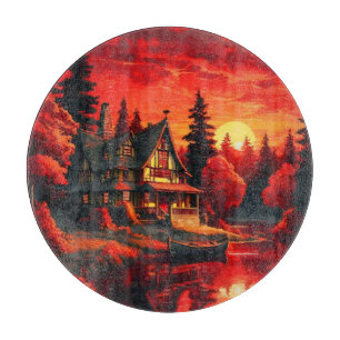 Planche À Découper Peinture coucher de soleil avec chalet et lac-6663