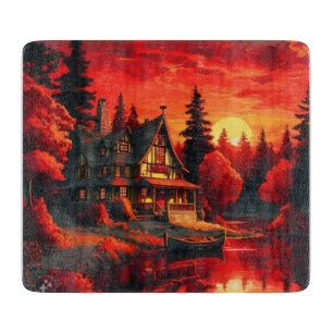 Planche À Découper Peinture coucher de soleil avec chalet et lac-6663