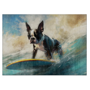 Planche À Découper Peinture de Boston Terrier faisant du surf sur la