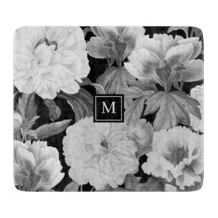 Planche À Découper Peonies noires et blanches Aquarelle Monogramme fl