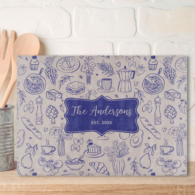 Planche À Découper Personalized Family Name Cute Hand Drawn Food (In situ)