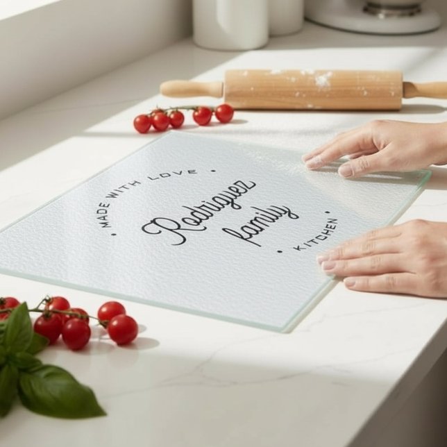 Planche À Découper Personalized Family Name KITCHEN CHIC (Simple, chic personalized family glass cutting board )