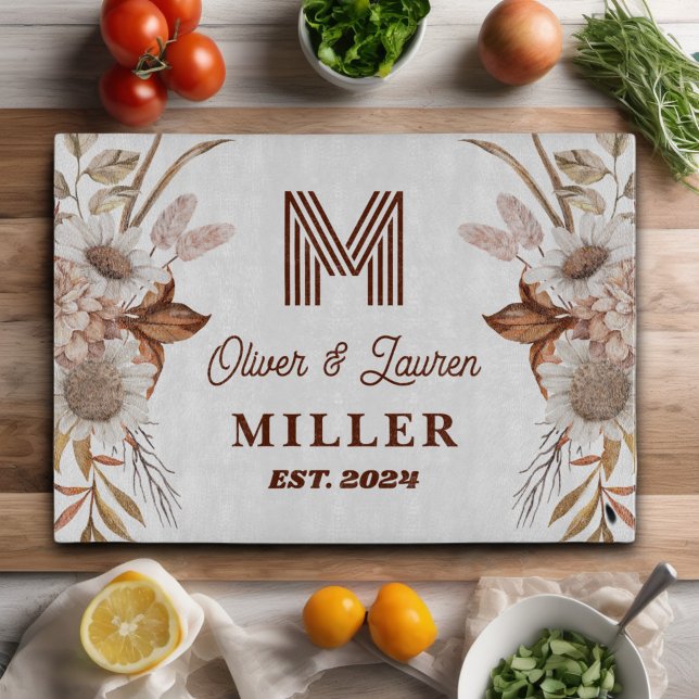 Planche À Découper Personnalisé Boho Rustique Floral Monogramme Coupl (Créateur téléchargé)