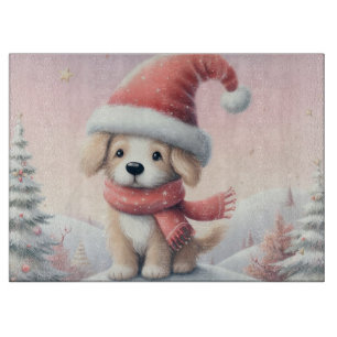 Planche À Découper Petit chiot de Noël en chapeau santa