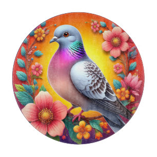 Planche À Découper Pigeon coloré entouré de fleurs vibrantes