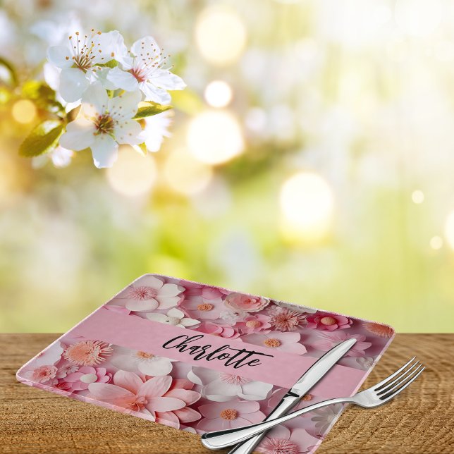 Planche À Découper Pink blanc fleurs nom (Créateur téléchargé)