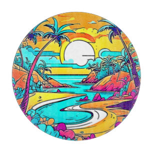 Planche À Découper Plage de coucher de soleil tropicale animée
