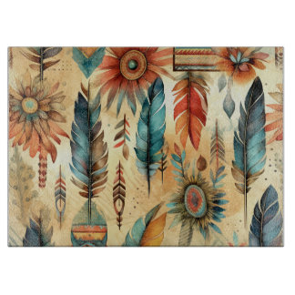 Planche À Découper Plumes bleues de la tribu Aztec Boho