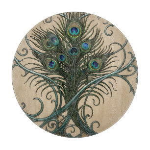 Planche À Découper Plumes de paon Art nouveau Cadre sarcelle orné