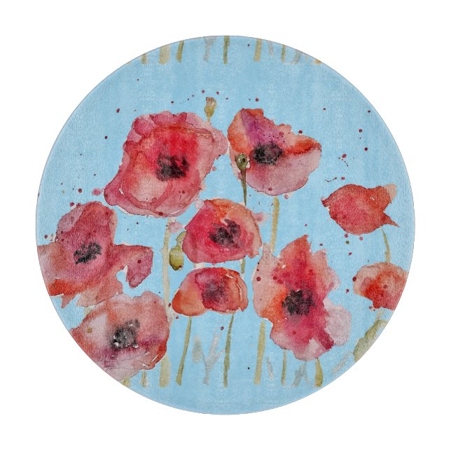 Planche À Découper Poppie rouge sur les Poppies d'aquarelle bleu Déco (Devant)