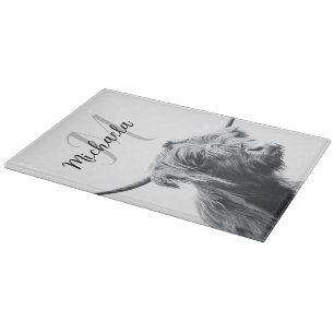 Planche À Découper Portrait de vache Highland premier monogramme noir
