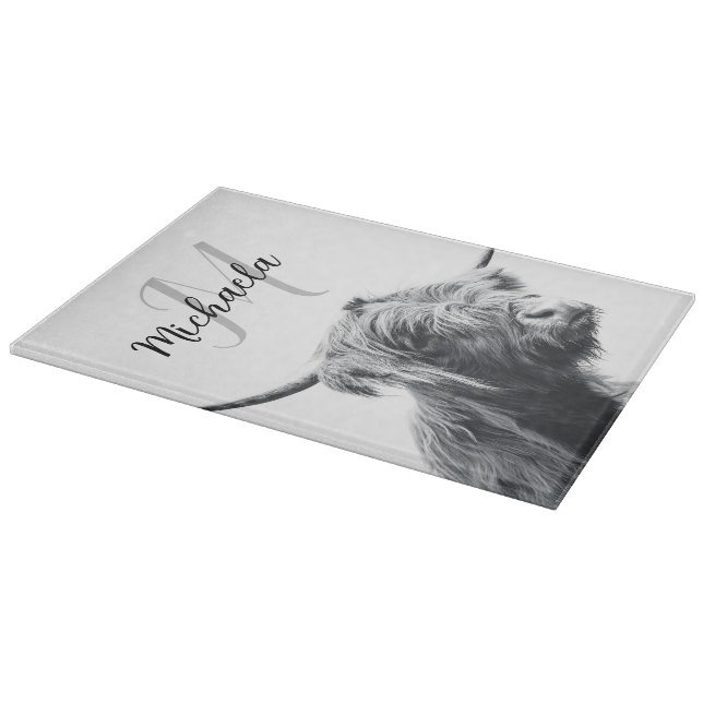 Planche À Découper Portrait de vache Highland premier monogramme noir (Coin)