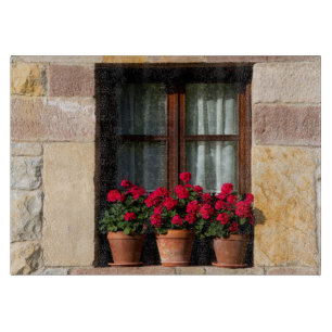 Planche À Découper Pots de fleurs de fenêtre dans un village