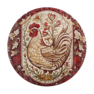 Planche À Découper Poule Vintage Rouge et Crème Floral
