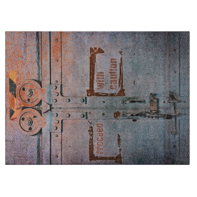 Planche À Découper Procéder avec prudence porte industrielle gris ble (Devant)