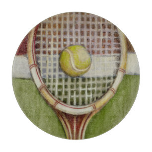 Planche À Découper Raquette de tennis avec la boule s'étendant sur la