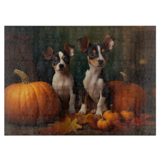 Planche À Découper Rat Terrier Chiot Automne Citrouille délice (Devant)