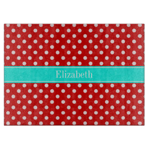 Planche À Découper Red White Polka Dots Bright Aqua Nom Monogram