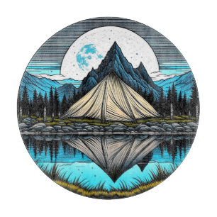 Planche À Découper Réflexion d'une tente sur le lac dans les montagne