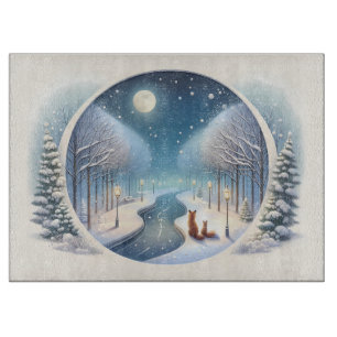 Planche À Découper Renards d'hiver au bord d'une rivière enneigée au